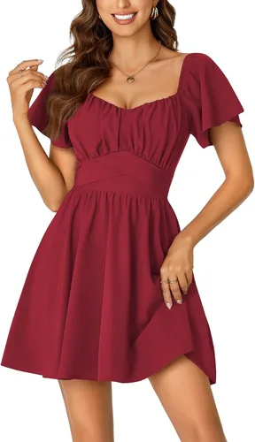 Miniatura 13 de Rooscier Minivestido acampanado de manga corta con volantes, cuello cuadrado, envolvente y espalda anudada para mujer