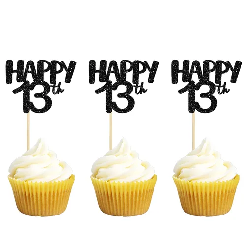 Miniatura 15 de Gyufise Paquete de 24 adornos negros para cupcakes con el número 10, para celebrar 10 cumpleaños, bodas, aniversarios, fiestas, suministros