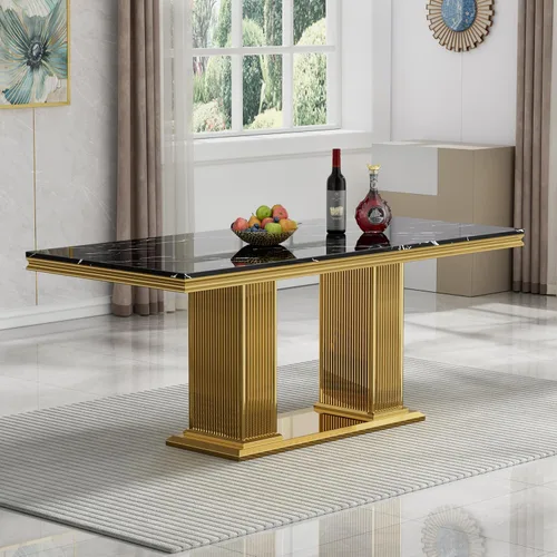 Miniatura 46 de Mesa de comedor de cristal de 51 pulgadas, mesa de comedor para 4-6, mesa de cocina dorada con patas de metal superior de vidrio templado