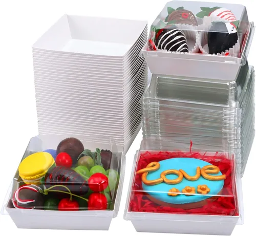 RomanticBaking Paquete de 100 cajas de charcutería de 4 x 4 x 2.55 pulgadas con tapas transparentes, cajas de galletas, cajas de panadería, cajas de