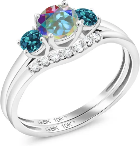 Juego de anillos de compromiso nupcial de oro blanco de 10 quilates, topacio místico y topacio azul londinense y diamante cultivado en laboratorio,