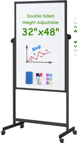 Miniatura 8 de Pizarra blanca de doble cara con corcho, 32 x 48 pulgadas, gran tablero de corcho para oficina, pizarra magnética de borrado en seco con altura