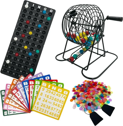 SUTIMSHE Juego de Bingo de Lujo, El Juego de Bingo Incluye Jaula de Metal, 600 Fichas de Plástico de Colores Mixtos, 100 Tarjetas Grandes, 75 Bolas