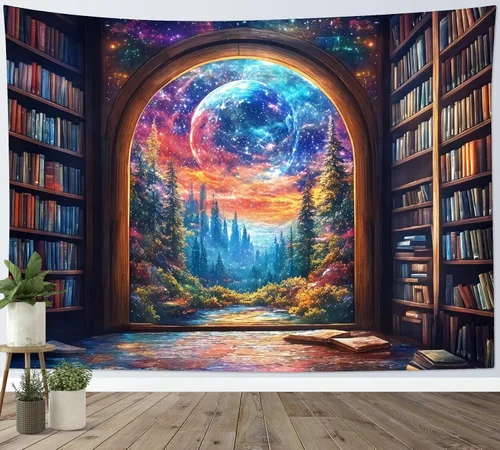 Miniatura 19 de LB Tapiz de cielo nocturno, luna llena en el mar, tapiz para colgar en la pared, tapiz de nube blanca de fantasía, tapiz de acuarela, arte de pared