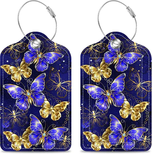 Paquete de 2 etiquetas de equipaje para maleta, zafiro y mariposas doradas, etiquetas de cuero de acero inoxidable para mujeres y hombres, bolsa de