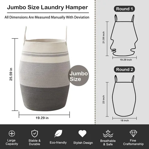 Miniatura 4 de OIAHOMY Cesta de lavandería tejida de cuerda, tamaño grande, con asas extendidas para ropa y juguetes, cesta alta de 25.6 pulgadas, plegable