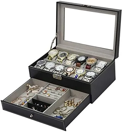 Tebery Caja de reloj negra con 12 ranuras organizador de piel sintética con cajón de joyería para almacenamiento y exhibición
