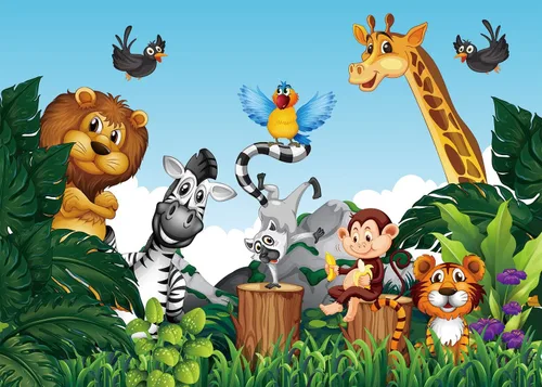 Miniatura 2 de Fondo de dibujos animados de animales de la selva para fiesta temática de animales del bosque, fondo de fotos para niños, recién nacidos