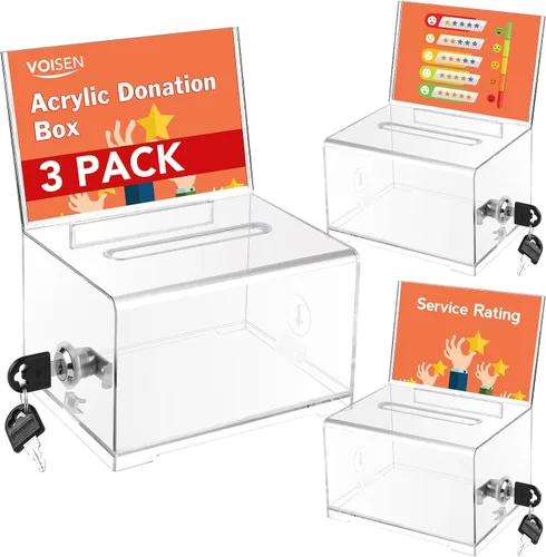 Miniatura 7 de VOISEN Caja de Donación Transparente con Cerradura, Caja de Votación con Soporte para Letreros, Cajas de Sugerencias para Recaudación de Fondos