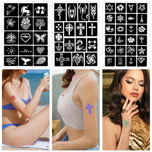 Miniatura 6 de Qpout Plantillas de tatuaje para niños y adultos, kit de plantillas de tatuaje de henna, diseño de plantillas de tatuaje pequeñas y grandes