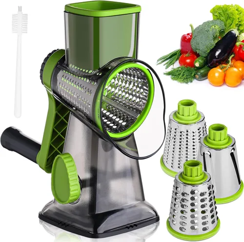 HANSGO Rallador rotativo de queso, 3 cuchillas de acero inoxidable, mango que ahorra trabajo, base de succión fuerte, para queso, verduras, nueces,