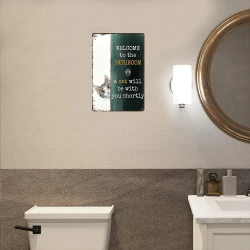 Miniatura 4 de Letrero de gato con texto en inglés "A Cat Will Be With You Shortly" - Placa de metal retro para decoración de baño, 8 x 12 pulgadas Bienvenido al