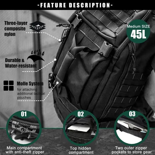 Miniatura 2 de WolfWarriorX Bolsa de viaje para hombre, mochila militar grande, bolsa de fin de semana, Negro
