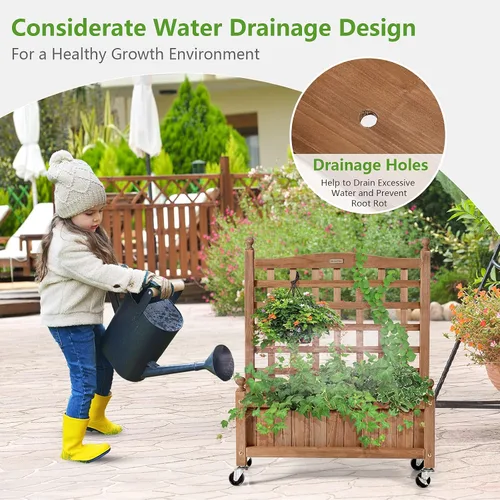 Miniatura 2 de Giantex Cama elevada móvil para plantas, maceta de madera con enrejado y ruedas, caja de flores para escalada de plantas, jardín vertical