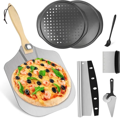 Pizza - Juego de 7 sartenes para pizza con cáscara de pizza, espátula de pizza de 12 x 14 pulgadas, paleta de pizza de aluminio con cortador