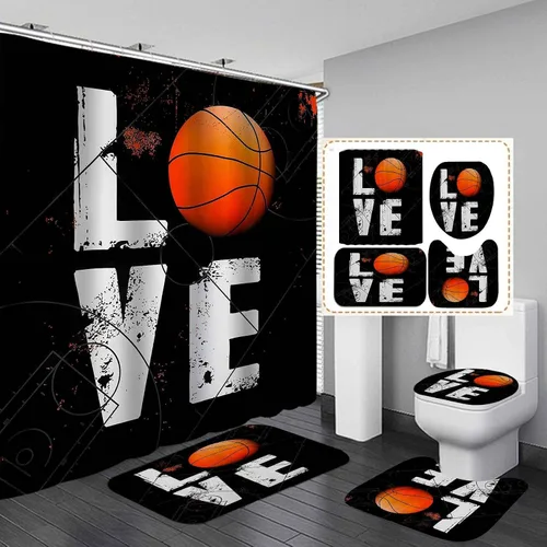 Miniatura 8 de Juego de 4 cortinas de ducha de baloncesto, citas inspiradoras positivas, decoración de baño deportivo, cortina de ducha negra de tela impermeable