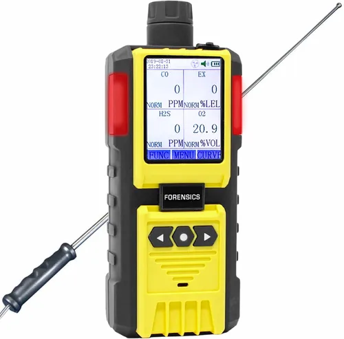 Monitor de 4 Gases de Forensics | Medidor de Gas Múltiple con Bomba Integrada | O2, CO, H2S, LEL | Pantalla a Color y Gráficos | Calibración NIST de