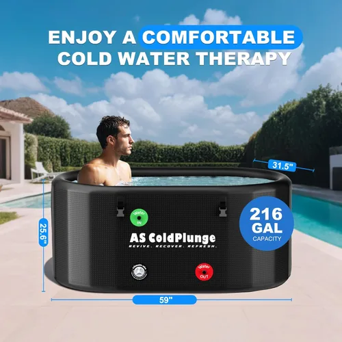 Miniatura 4 de AS ColdPlunge Tina de baño de hielo XXL de 216 galones para inmersión en frío, bañera inflable de PVC con tapa aislada, bañera de terapia de frío