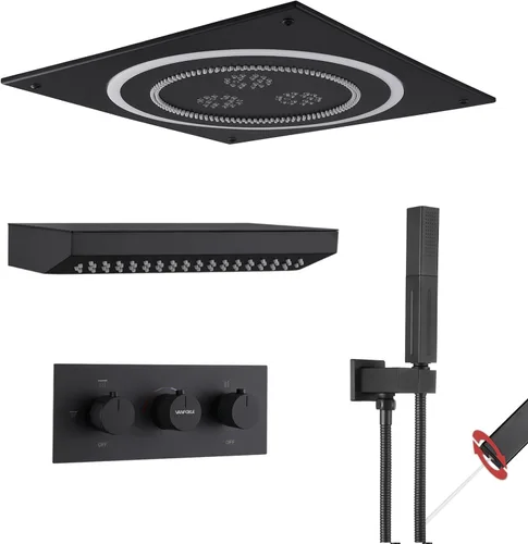 Miniatura 13 de VANFOXLE Juego de grifo de ducha dorado cepillado, grifo de ducha con 2 en 1 de mano, cabezal de ducha LED de 16 pulgadas, cabezal de ducha LED de 6