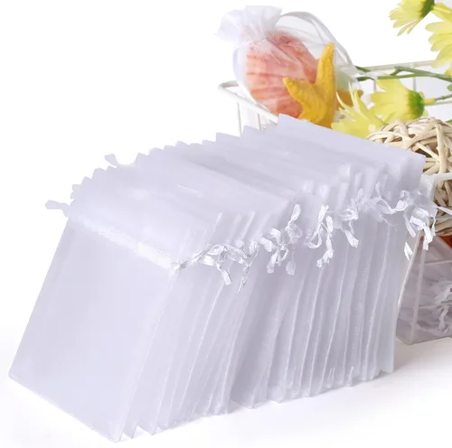 WenTao 100 bolsas de organza blancas transparentes de 4 x 6 (3.9 x 5.9 in) para recuerdos de boda con cordón, bolsas de joyería de primera calidad
