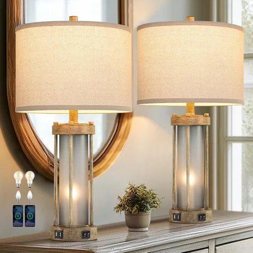 Miniatura 13 de Lámparas de mesa modernas para sala de estar, lámparas industriales de mesita con 2 puertos USB, lámpara rústica de mesita con luz nocturna