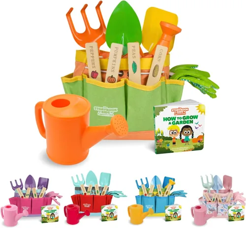 Miniatura 9 de Juego de jardinería para niños – El kit de jardinería para niños pequeños incluye regadera para niños, pala, rastrillo, estacas para plantas, Azul