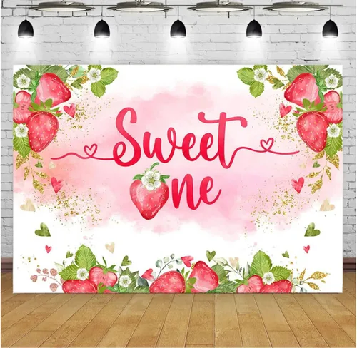 Fondo de decoración de fiesta de primer cumpleaños de Strawberry Sweet One Girl, telón de fondo de cumpleaños de bebé, pastel de fotografía y