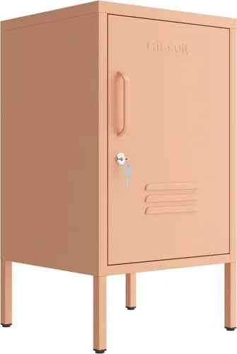 Miniatura 10 de Mesa auxiliar de una sola puerta, armario de almacenamiento de metal con cerradura, mesita de noche para niños de 2 niveles con estante ajustable