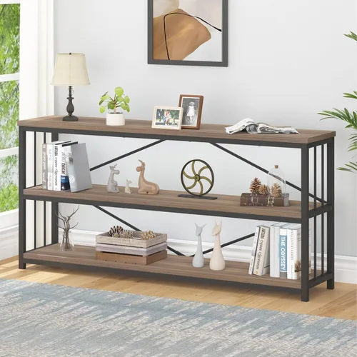 Miniatura 16 de IBF - Librero bajo rústico de 3 niveles, estantería industrial horizontal de madera, estantería larga y ancha de estilo granja de metal, estantería