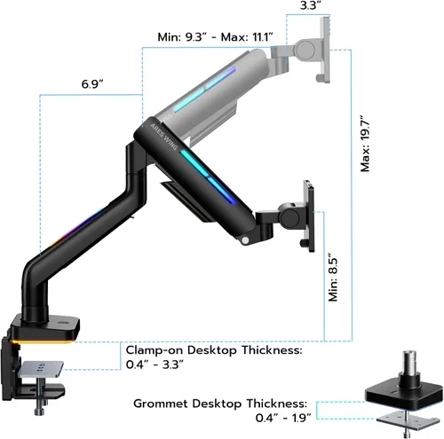 Miniatura 8 de Brazo de monitor ultraancho para pantalla de 17 a 49 pulgadas de alta resistencia de hasta 44 libras, brazo de monitor único con resorte de gas