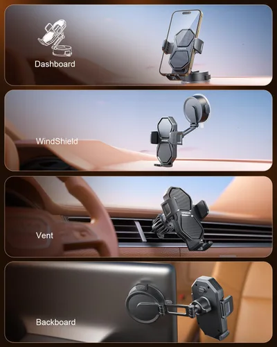 Miniatura 5 de SUPERONE Soporte de teléfono 3 en 1 para automóvil [ventosa y clip más fuertes] Soporte de teléfono ajustable de 360° para tablero, ventilación