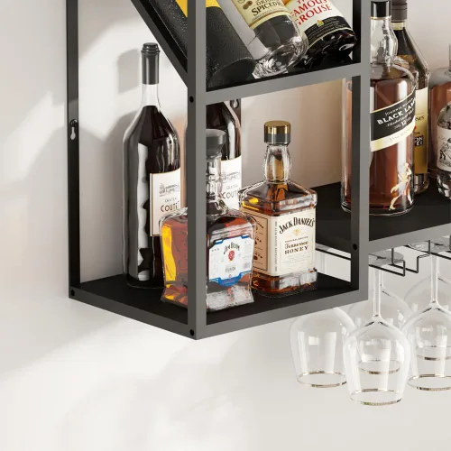 Miniatura 8 de KaKaBB Estante de vino montado en la pared, estantes de metal de 47 pulgadas de 2 niveles con soporte para vidrio, capacidad para 30 botellas y de 6