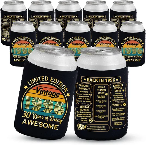 Miniatura 23 de Decoraciones de cumpleaños número 13, suministros y recuerdos de fiesta, fundas enfriadoras para latas de bebidas, paquete de 12, negro y dorado