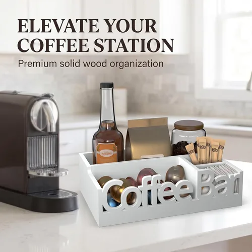 Miniatura 2 de Organizador de Barra de Café para Encimera – Caddy de Estación de Café de Madera con Compartimentos para Cápsulas, Condimentos, Té y Accesorios