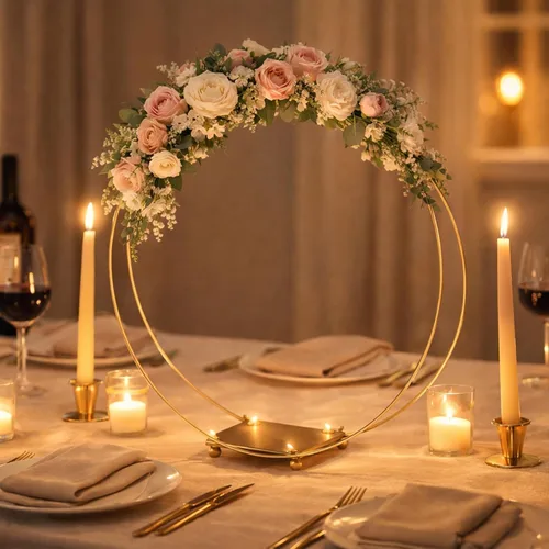 Miniatura 8 de Paquete de 3 centros de mesa de aro floral de metal doble de 12 pulgadas con soporte y alambre de paleta de 38 yardas, decoración de mesa para Dorado