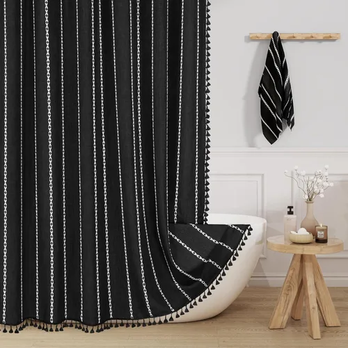 Miniatura 12 de MitoVilla - Juego de cortina de ducha de tela de granja gris, cortinas de ducha de poliéster y lino modernas estilo bohemio para decoración de baño