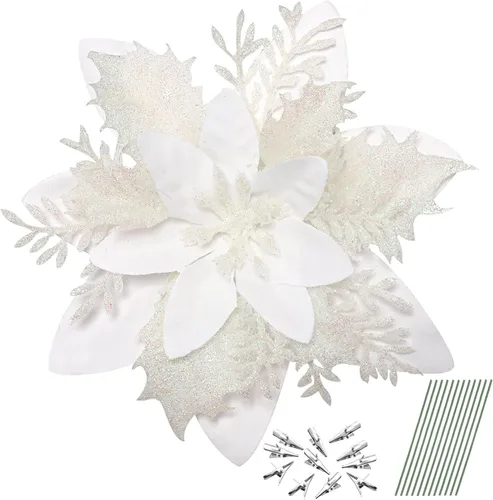 Kisangel 12 flores artificiales de Navidad con purpurina de flores de Pascua con clips y tallos para corona de Navidad, adornos para el hogar, color