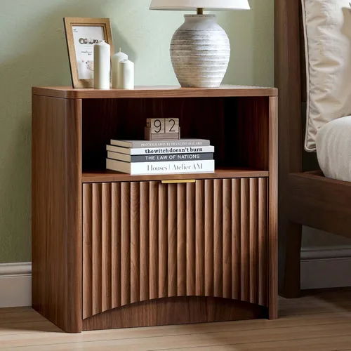 Miniatura 23 de Evermagin Mesita de noche acanalada, mesita de noche de roble natural con cajón y almacenamiento, mesa auxiliar de madera moderna de mediados