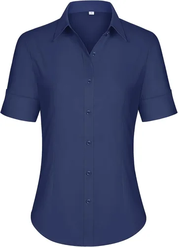 Miniatura 26 de siliteelon Camisas de vestir de manga corta con botones para mujer, camisas de algodón con botones para mujer, blusa ajustada de manga 3/4