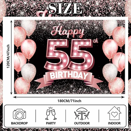 Miniatura 2 de Cartel de feliz cumpleaños 55 años en oro rosa, fondo de confeti, globos, tema de decoraciones para mujeres de 55 años, suministros de fiesta