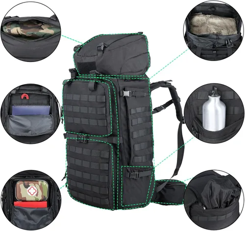 Miniatura 3 de Zsearaymy - Mochila de senderismo MOLLE de 75L con marco interno y cubierta de lluvia para táctica, camping, mochilero, viajes de supervivencia Negro