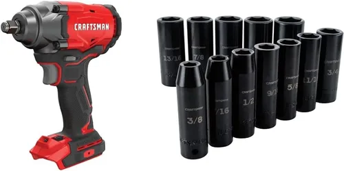 Craftsman Llave de impacto V20, inalámbrica, sin escobillas, 1/2 pulgada, solo herramienta con juego de llaves de impacto profundo, SAE, unidad de