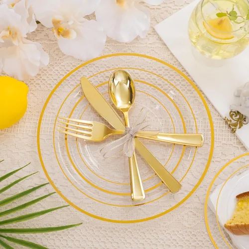 Miniatura 2 de Juego de vajilla dorada de 700 piezas, juego de vajilla desechable transparente para 100 invitados para fiestas, bodas, incluye: 200 platos Dorado