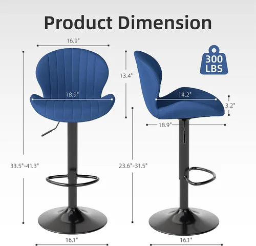 Miniatura 2 de Youhauchair - Juego de 2 taburetes de bar modernos, de terciopelo con altura ajustable y giratorios, sillas de isla de cocina sin brazos con Azul