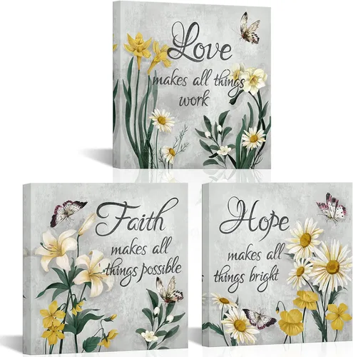 SkenoArt Arte de pared de flores para dormitorio, diseño de mariposas grises y amarillas, pinturas en lienzo florales con citas de fe, esperanza,