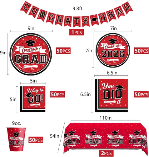 Miniatura 3 de DAZONGE Decoraciones de graduación 2026 rojo y negro, kit de vajilla desechable de 265 piezas para 50 invitados, platos, servilletas, vasos, mantel