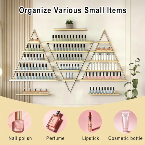 Miniatura 3 de Estante de metal para esmalte de uñas, 6 juegos triangulares de exhibición de cosméticos, organizador de estantes de botellas de aceite esencial