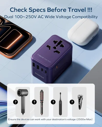 Miniatura 9 de MOMAX Adaptador de viaje universal 6 en 1, adaptador de corriente internacional GaN 70W, 3 cargas rápidas USB-C PD y 2 USB-A QC, 1 AC, adaptador