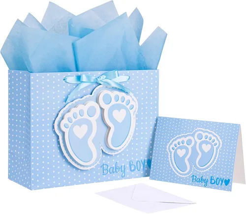 Miniatura 11 de LeZakaa Bolsa de regalo de conejo de 16 pulgadas con papel de seda, etiqueta de regalo y tarjeta, bolsa caqui con conejo en el baño y diseño de Bebé