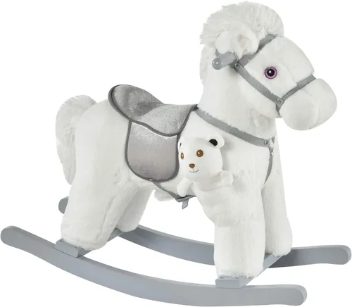 Qaba Caballo Mecedor Montable de Peluche para Niños con Juguete de Oso, Silla para Niños con Juguete de Peluche Suave y Divertidos Sonidos Blanco